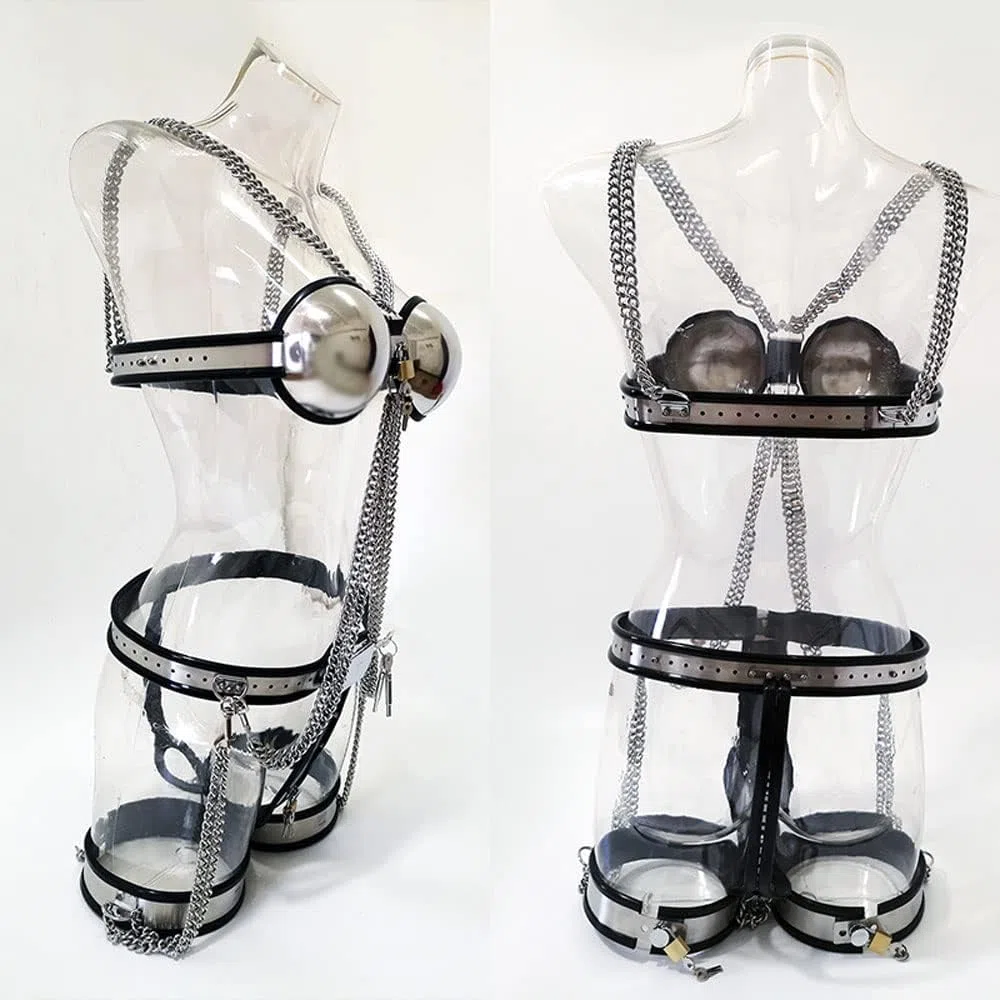 3pcs Damen Keuschheitsgürtel BDSM Bondage Set mit BH Schenkel-Ring und Keuschheit Gürtel, Edelstahl Restraint Unterwäsche Fetisch Erotisches Dessous Sex Spielzeug Für Frauen (Silber, 60cm-90cm)