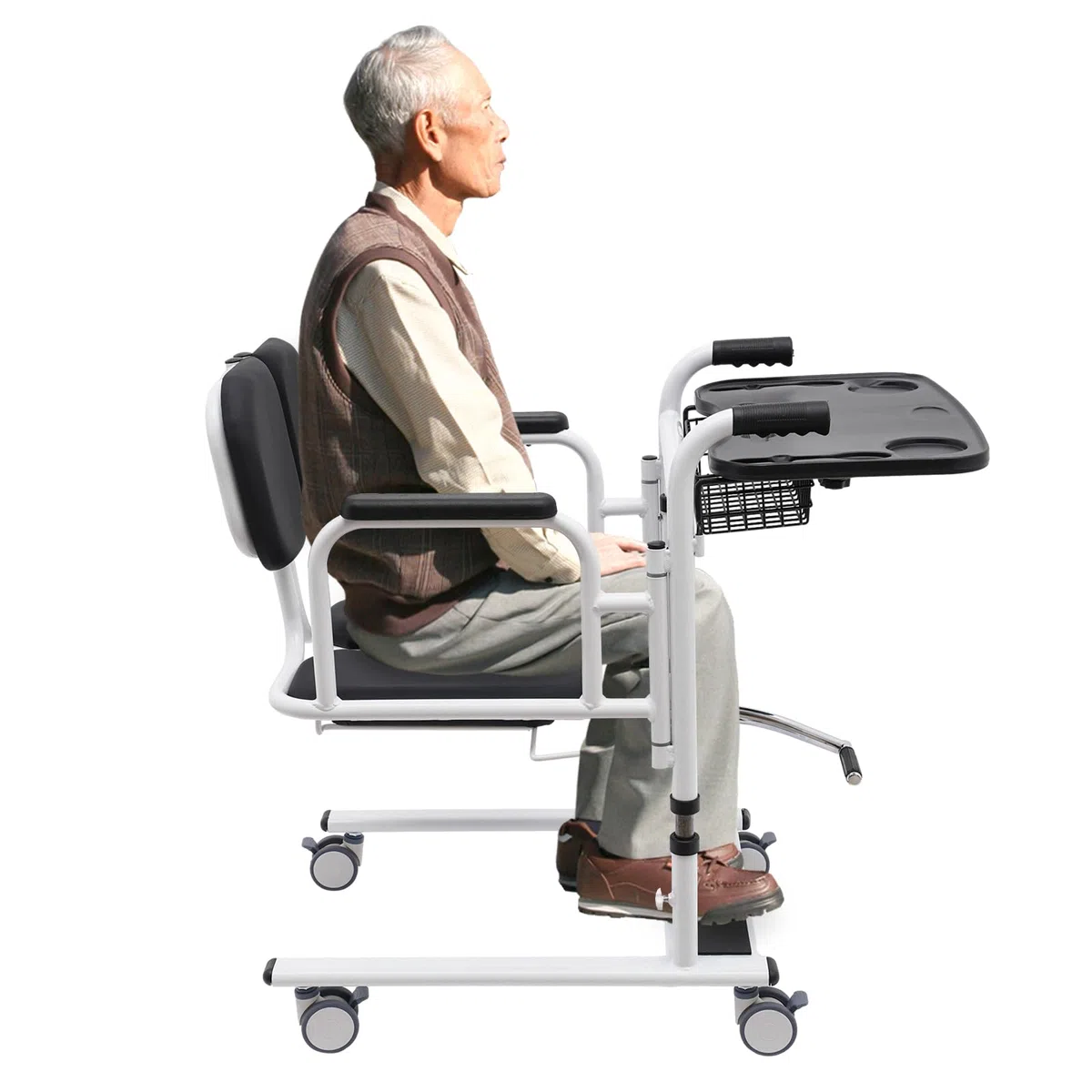 Hydraulischer Patientenlift Rollstuhl, Repomanda 150kg Transport- und Pflegehilfe, Höhenverstellbar mit 4 Rädern, Klappbare Rückenlehne inkl. Toilettensitz, für Senioren und Mobilitätseingeschränkte