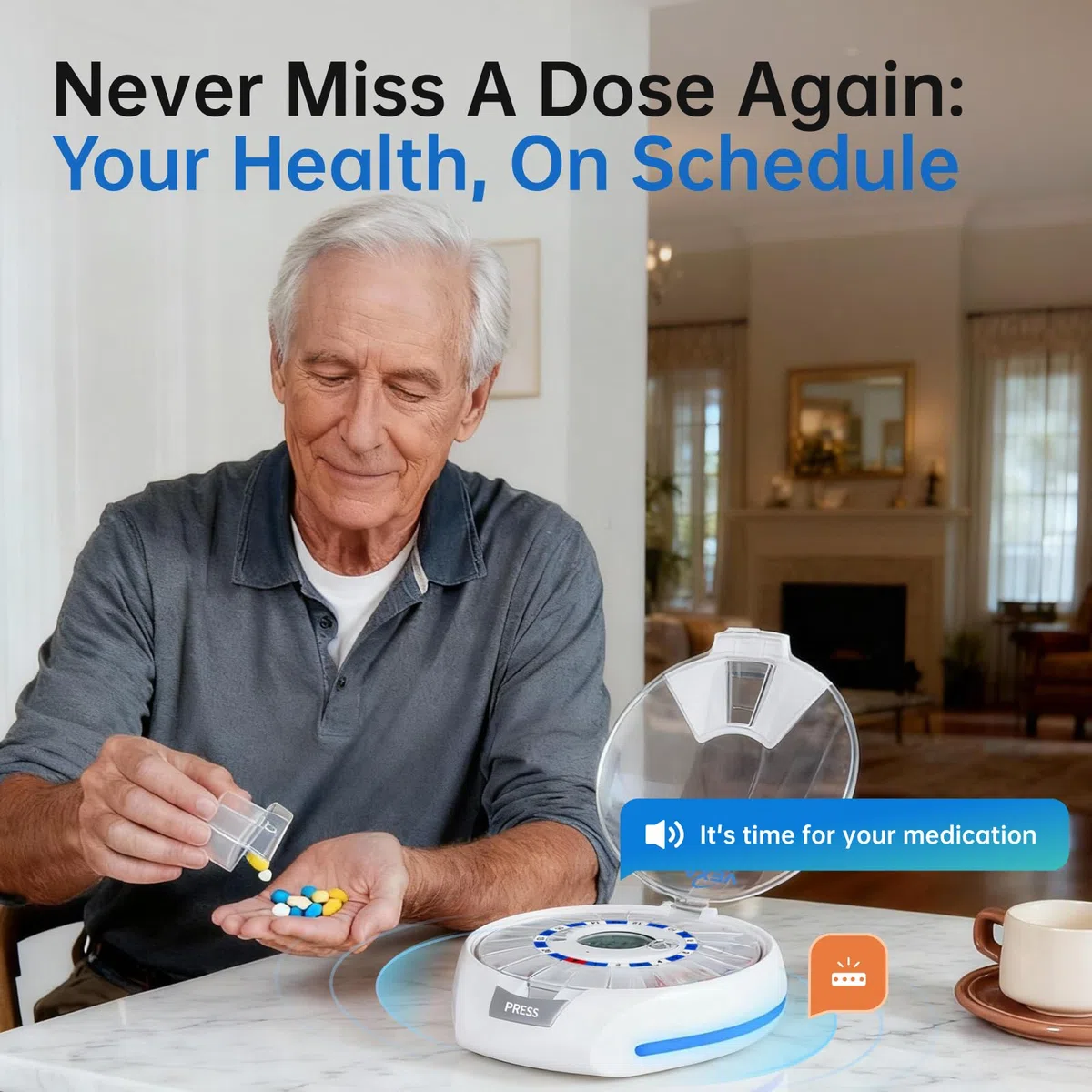 VEXA VitaMate Pro 21 Intelligenter Pillenspender mit automatischer Rotation, erhöhter Pillenbehälter, Ton- und Lichtwarnungen, App-gesteuerter Medikamentenerinnerung und