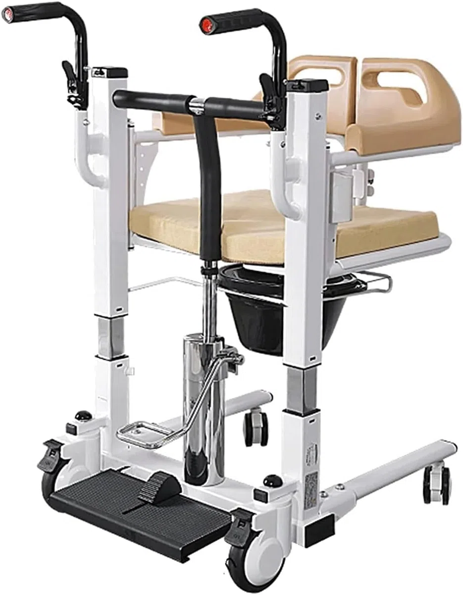 Patientenlift Transferstuhl, Patientenlift für Zuhause, tragbarer Transportrollstuhl W/180° geteilter Sitz, Nachttisch, Kommode, mit 4 feststellbaren Stummrädern, für ältere Menschen mit