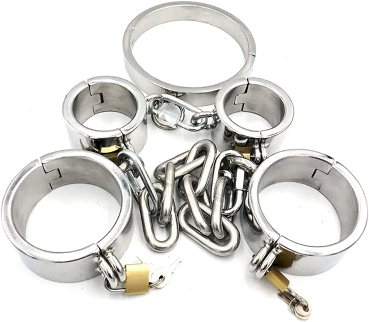 Schwer Metall Handschellen+Fußfesseln+Halsband Mit Eisenkette BDSM Extrem Bondage Kit Edelstahl Handfesseln Fußschellen SM Fesselset Sexspielzeug for Männer Frauen