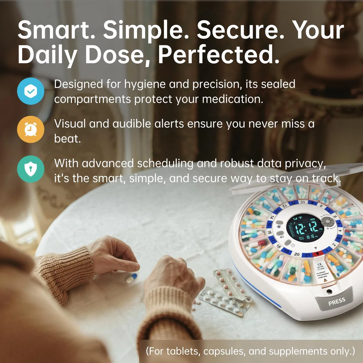 VEXA VitaMate Pro 21 Intelligenter Pillenspender mit automatischer Rotation, erhöhter Pillenbehälter, Ton- und Lichtwarnungen, App-gesteuerter Medikamentenerinnerung und