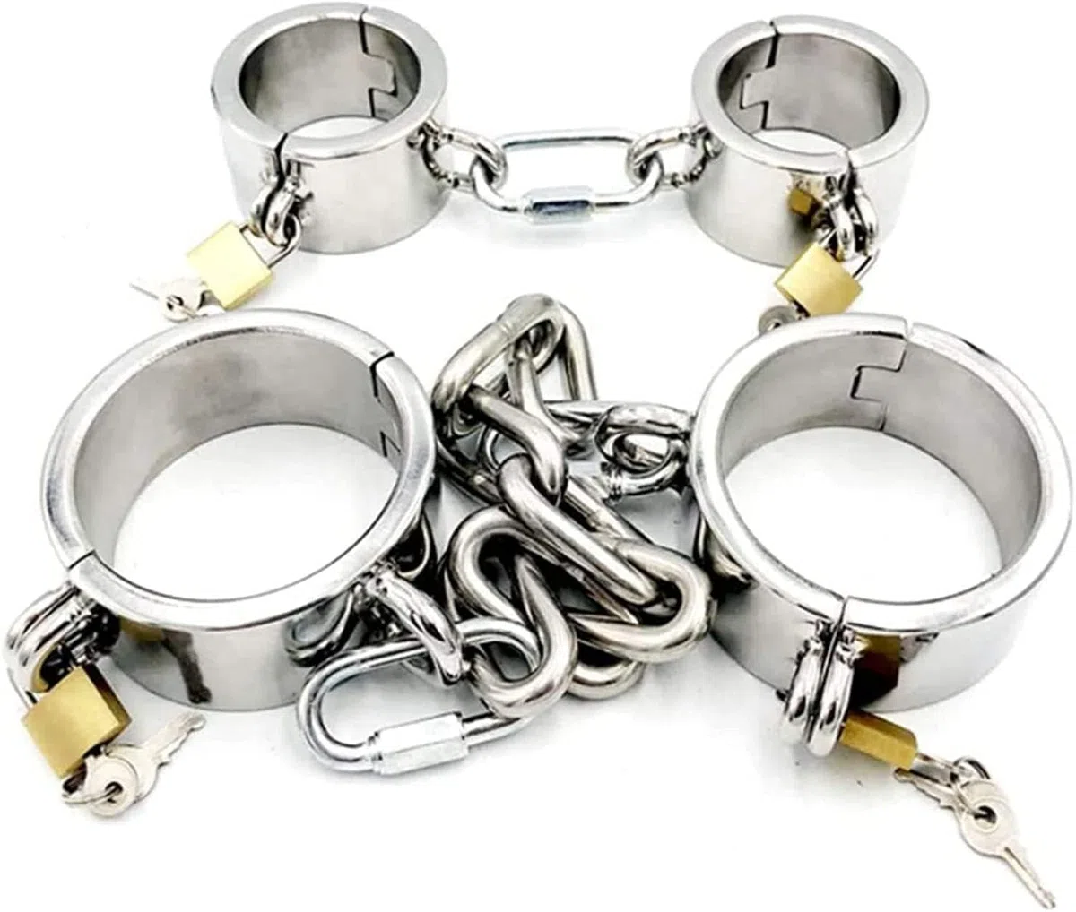 Schwer Metall Handschellen+Fußfesseln+Halsband Mit Eisenkette BDSM Extrem Bondage Kit Edelstahl Handfesseln Fußschellen SM Fesselset Sexspielzeug for Männer Frauen