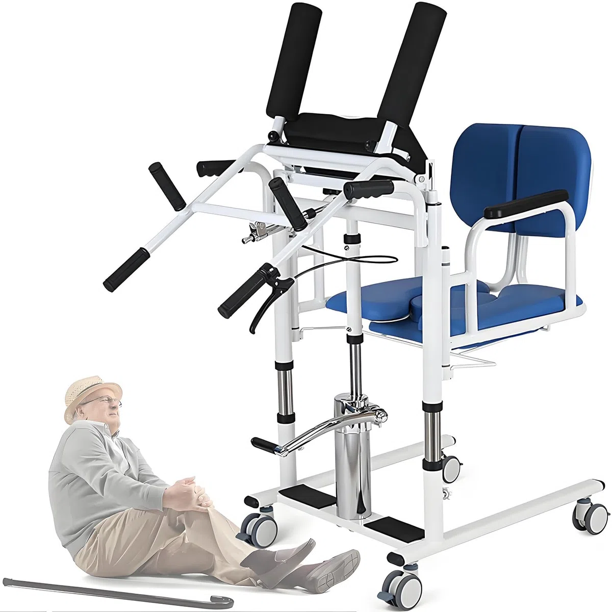 Patientenlift-Transferstuhl, tragbarer 4-in-1-Transferstuhl mit Rollen, Steh-Transferstuhl für Erwachsene und Behinderte zu Hause, einfach zu verwenden – Gewichtskapazität 400 lb Blue