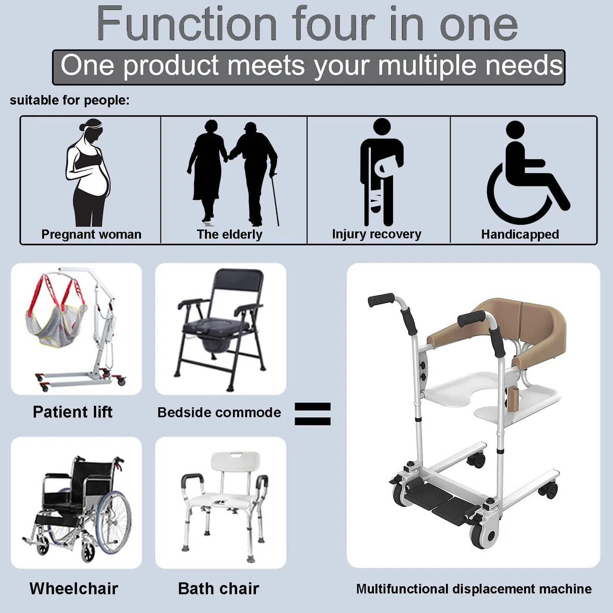 Patientenlifter für zu Hause, sitzende Patiententransfermaschine, Abnehmbarer Toilettenstuhl/mobiler Duschstuhl, effiziente Tragfähigkeit von 120 kg/265 lbs, 9-Stufen-Lifteinstellun