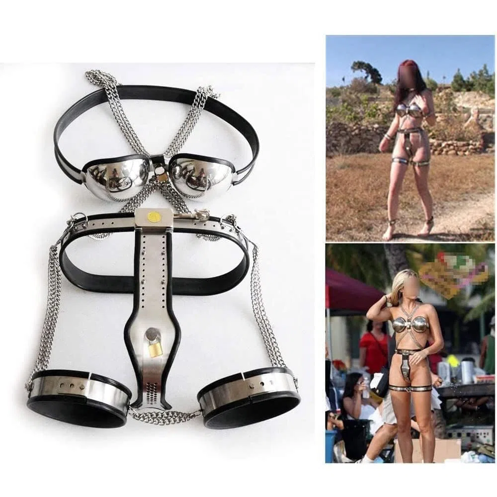 3pcs Damen Keuschheitsgürtel BDSM Bondage Set mit BH Schenkel-Ring und Keuschheit Gürtel, Edelstahl Restraint Unterwäsche Fetisch Erotisches Dessous Sex Spielzeug Für Frauen (Silber, 60cm-90cm)