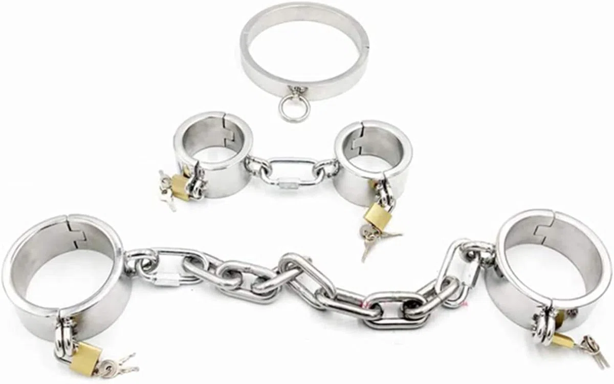 Schwer Metall Handschellen+Fußfesseln+Halsband Mit Eisenkette BDSM Extrem Bondage Kit Edelstahl Handfesseln Fußschellen SM Fesselset Sexspielzeug for Männer Frauen