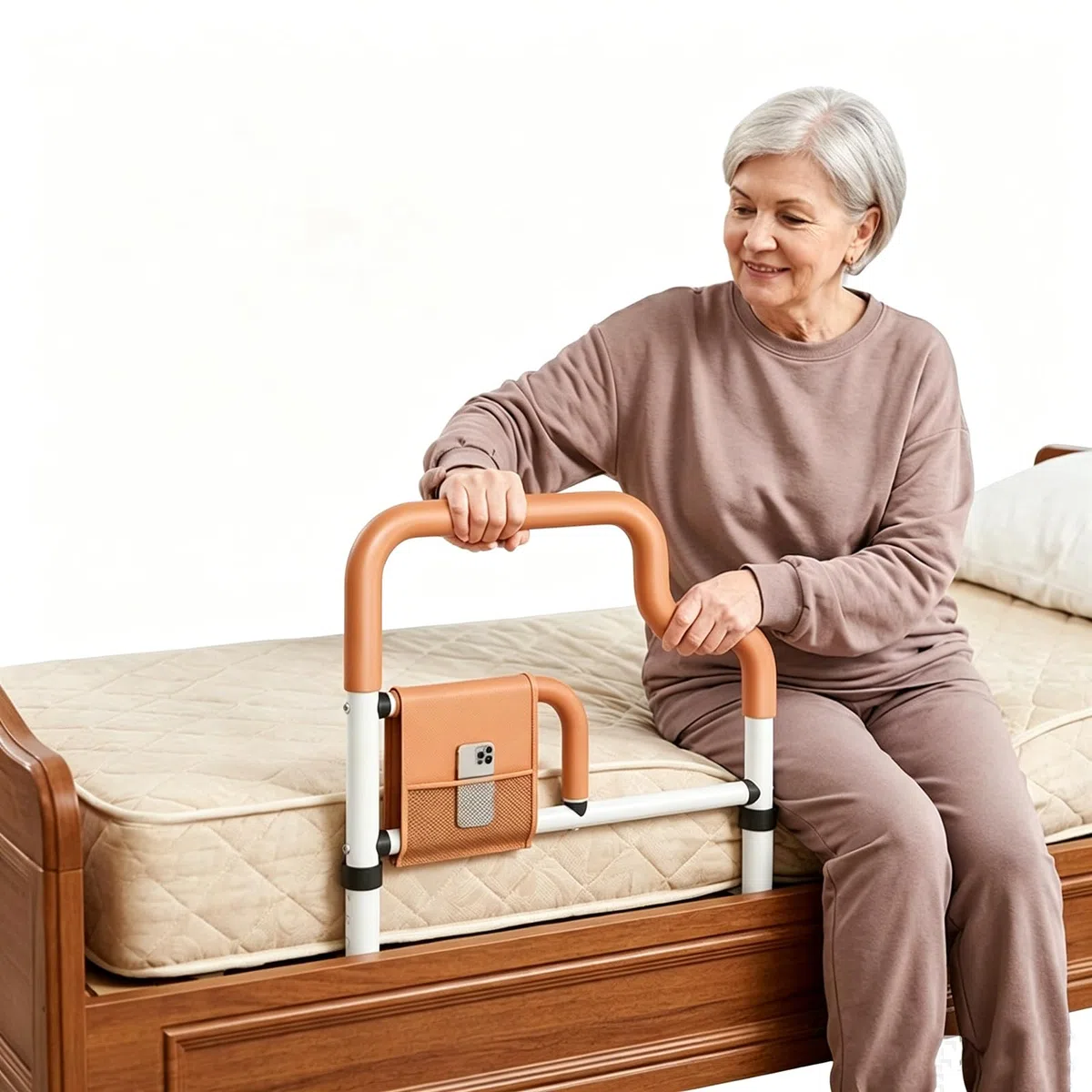 Bettgriff mit Aufbewahrungstasche, Verstellbare Betthilfe für Senioren und Erwachsene, Sicherheitsgriff Bettstütze ohne Werkzeug für Einzel Doppel Queen King Bett (U-förmig, orange)