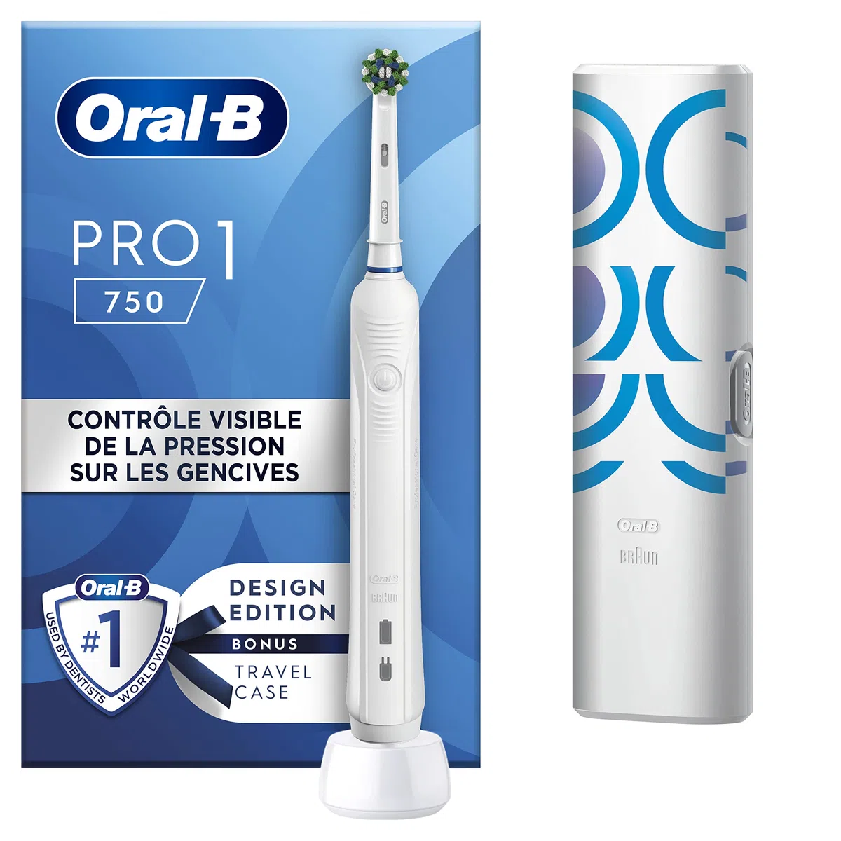 Oral-B Pro 1 750 Elektrische Zahnbürste, 1 Kopf und Reiseetui, entworfen von Braun, Weiß, Original Gifts