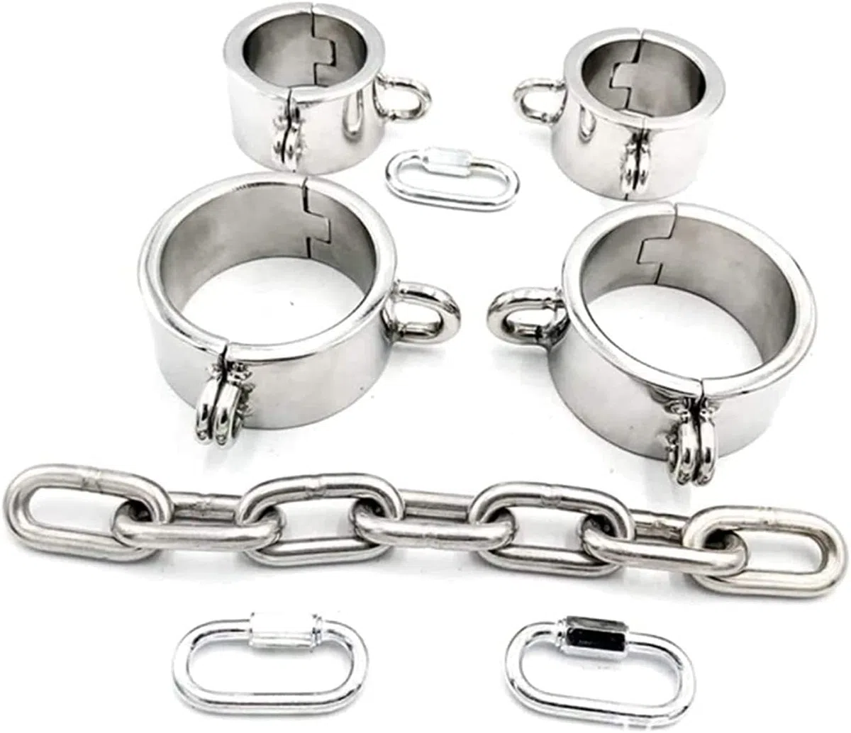 Schwer Metall Handschellen+Fußfesseln+Halsband Mit Eisenkette BDSM Extrem Bondage Kit Edelstahl Handfesseln Fußschellen SM Fesselset Sexspielzeug for Männer Frauen