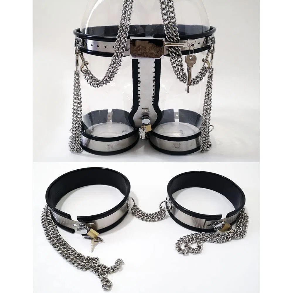 3pcs Damen Keuschheitsgürtel BDSM Bondage Set mit BH Schenkel-Ring und Keuschheit Gürtel, Edelstahl Restraint Unterwäsche Fetisch Erotisches Dessous Sex Spielzeug Für Frauen (Silber, 60cm-90cm)