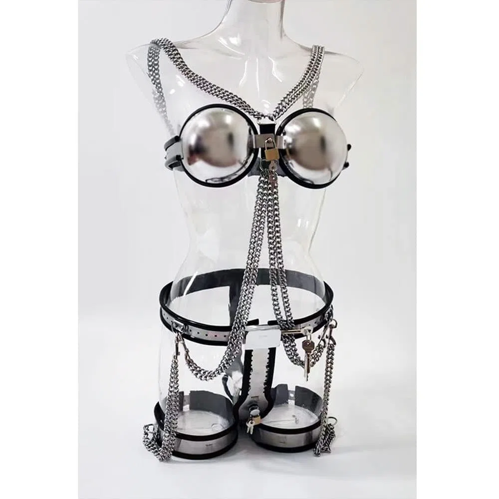 3pcs Damen Keuschheitsgürtel BDSM Bondage Set mit BH Schenkel-Ring und Keuschheit Gürtel, Edelstahl Restraint Unterwäsche Fetisch Erotisches Dessous Sex Spielzeug Für Frauen (Silber, 60cm-90cm)