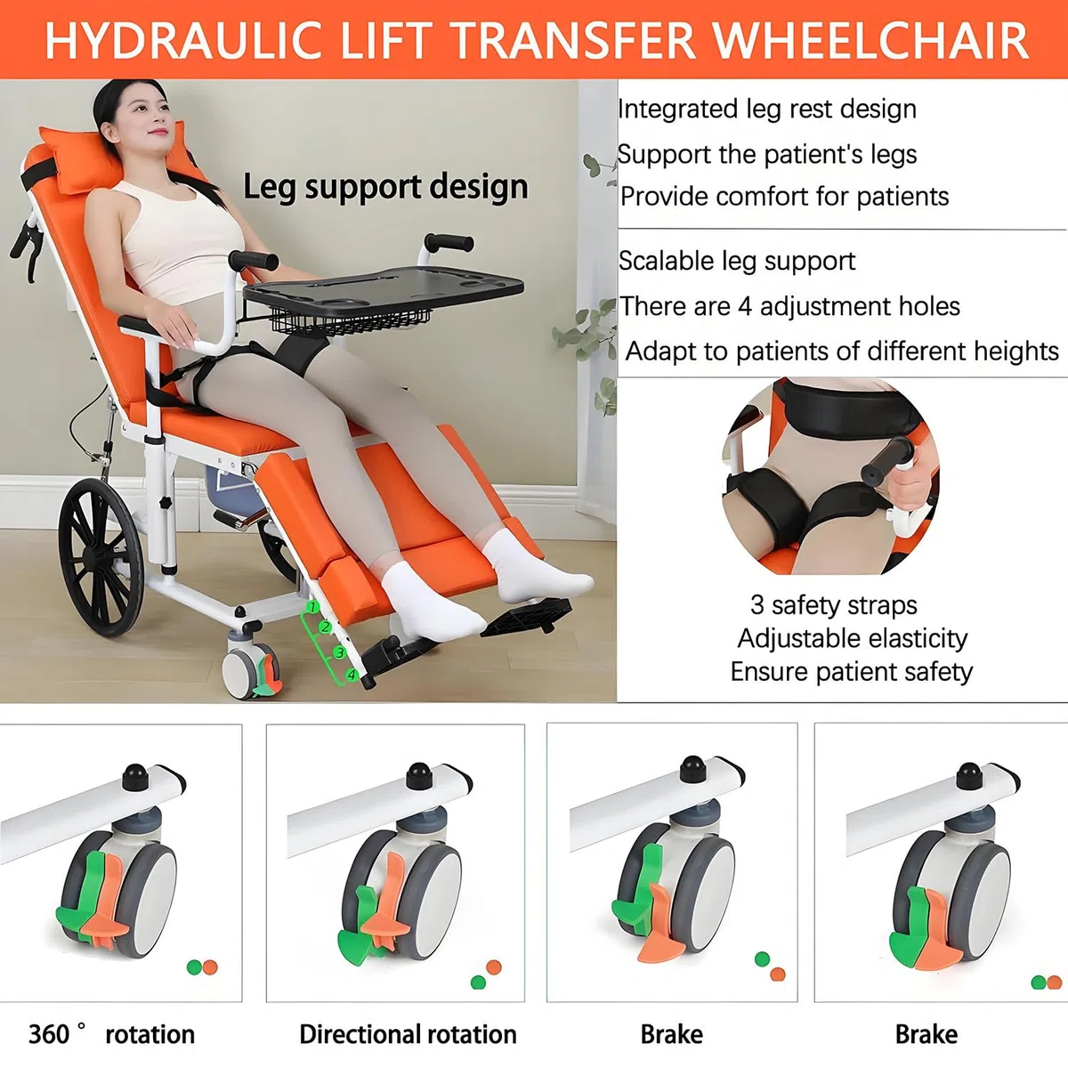 Hydraulischer Patientenlift-Transferstuhl für Zuhause, mit Esstisch, 180 kg Tragkraft, Transferliftstuhl zum Badezimmer für Senioren mit Behinderung, für Transfers von Betten, Sofas, Toiletten