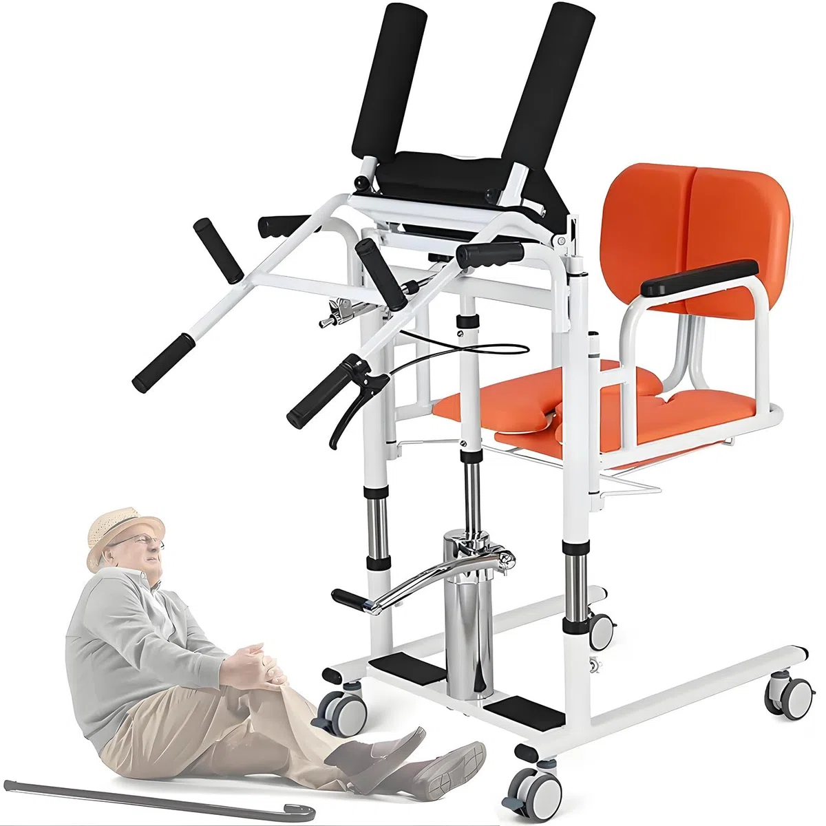 Patientenlift-Transferstuhl, tragbarer 4-in-1-Transferstuhl mit Rollen, Steh-Transferstuhl für Erwachsene und Behinderte zu Hause, einfach zu verwenden – Gewichtskapazität 400 lb Orange