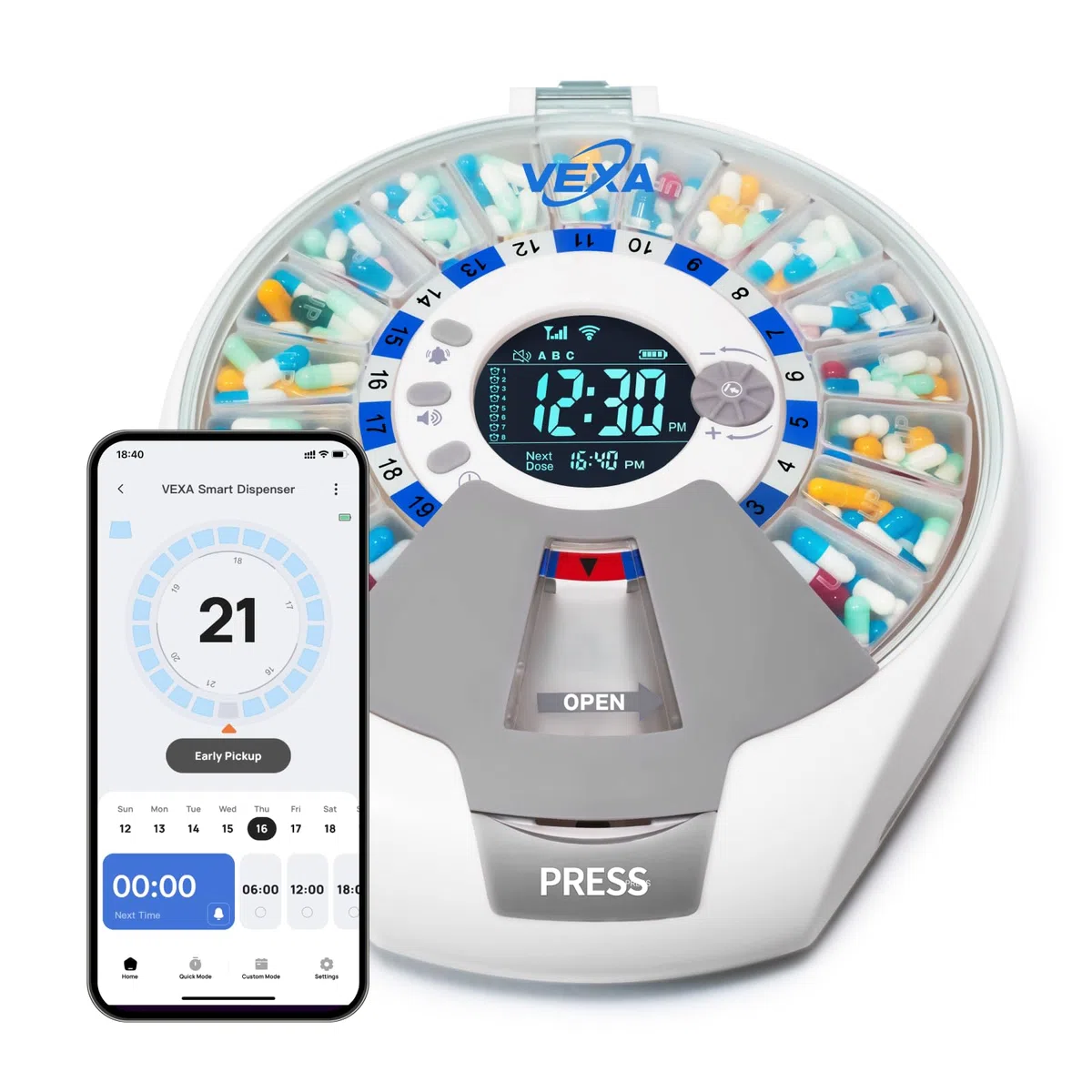 VEXA VitaMate Pro 21 Intelligenter Pillenspender mit automatischer Rotation, erhöhter Pillenbehälter, Ton- und Lichtwarnungen, App-gesteuerter Medikamentenerinnerung und