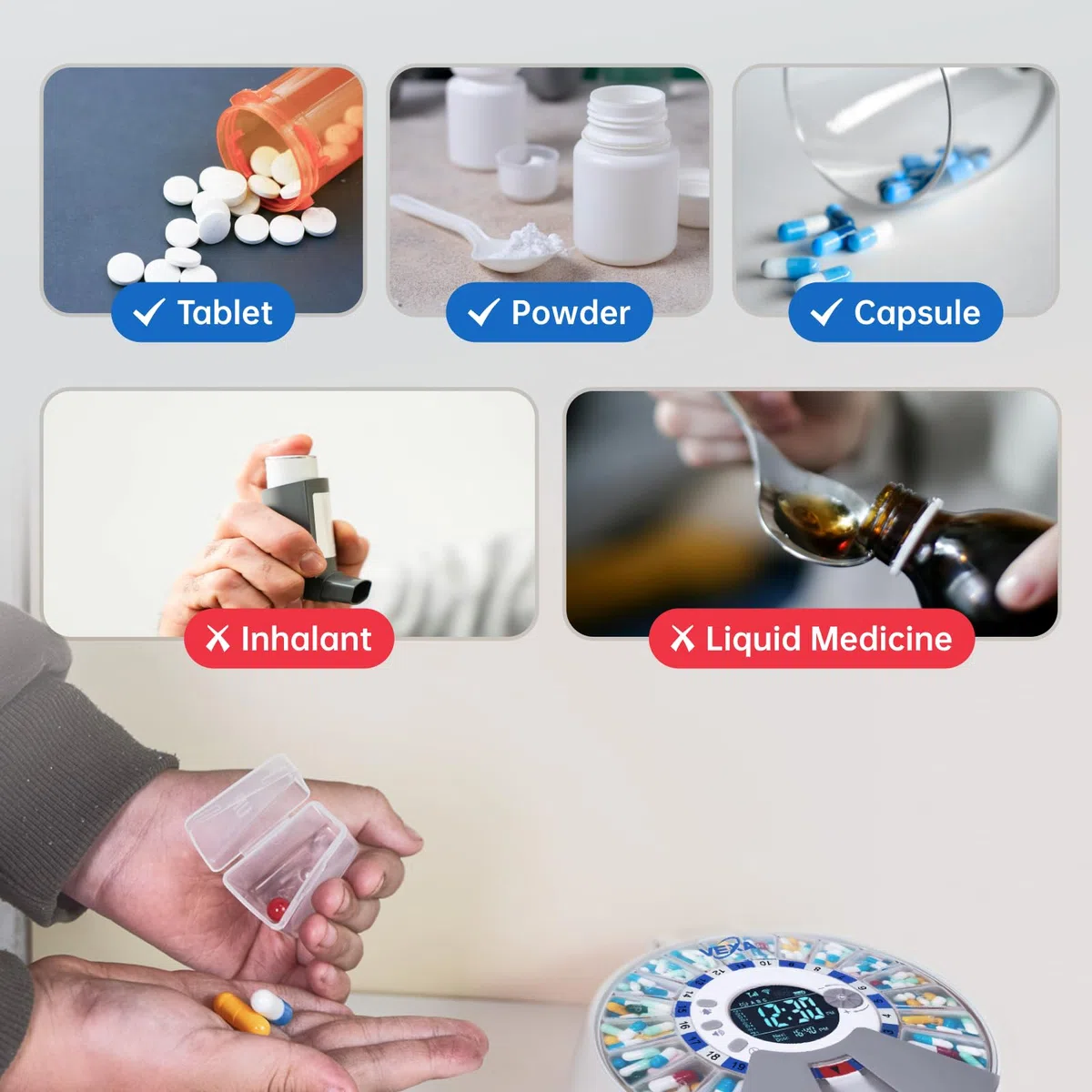 VEXA VitaMate Pro 21 Intelligenter Pillenspender mit automatischer Rotation, erhöhter Pillenbehälter, Ton- und Lichtwarnungen, App-gesteuerter Medikamentenerinnerung und