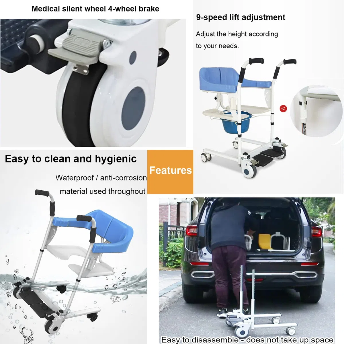 Patientenlifter für zu Hause, sitzende Patiententransfermaschine, Abnehmbarer Toilettenstuhl/mobiler Duschstuhl, effiziente Tragfähigkeit von 120 kg/265 lbs, 9-Stufen-Lifteinstellun
