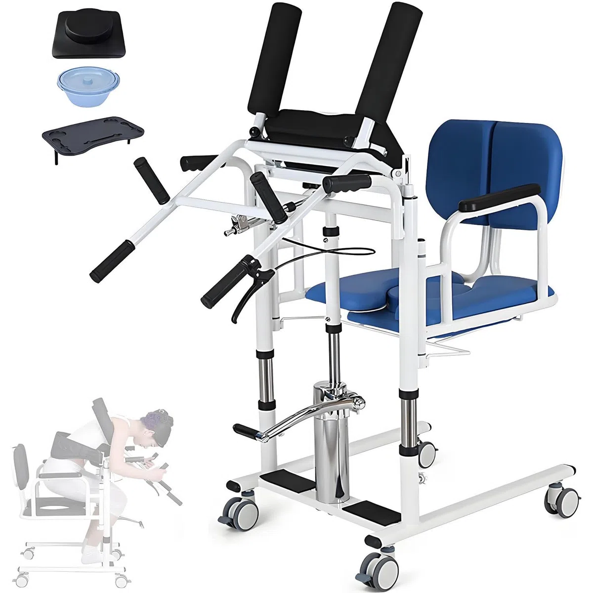 Hydraulischer Patientenlifter, Transferstuhl, höhenverstellbar, Aufstehhilfe, Sitz-Aufsteh-Lift mit weicher hoher Rückenlehne und weichem Sitz, Lift-Rollstuhl mit Abnehmbarer Bettpfanne Blue