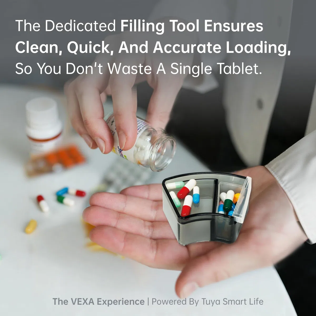 VEXA VitaMate Pro 21 Intelligenter Pillenspender mit automatischer Rotation, erhöhter Pillenbehälter, Ton- und Lichtwarnungen, App-gesteuerter Medikamentenerinnerung und